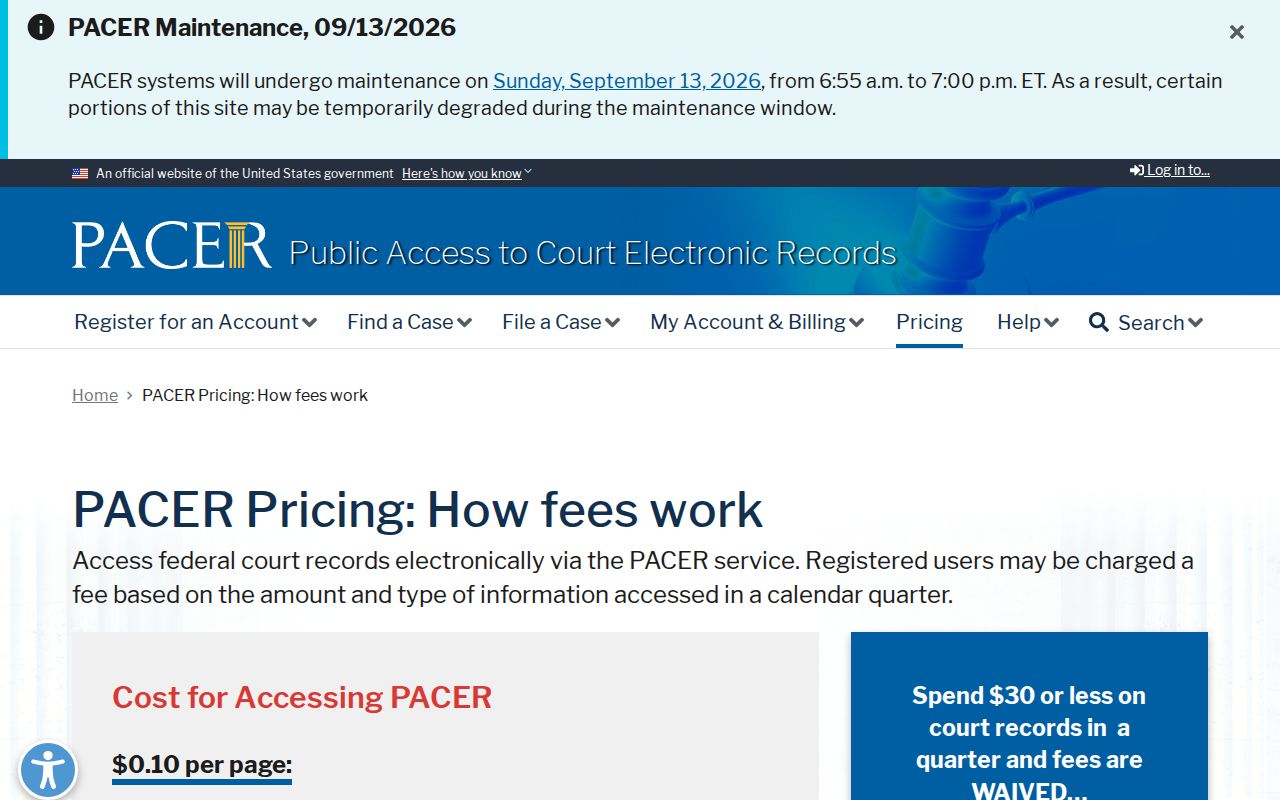PACER pricing and help page for separate federal docket access from Howard County