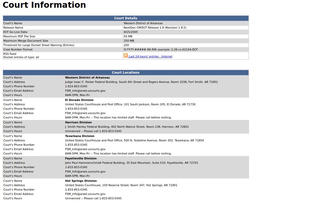 Western District of Arkansas court information for federal warrant routing from Howard County