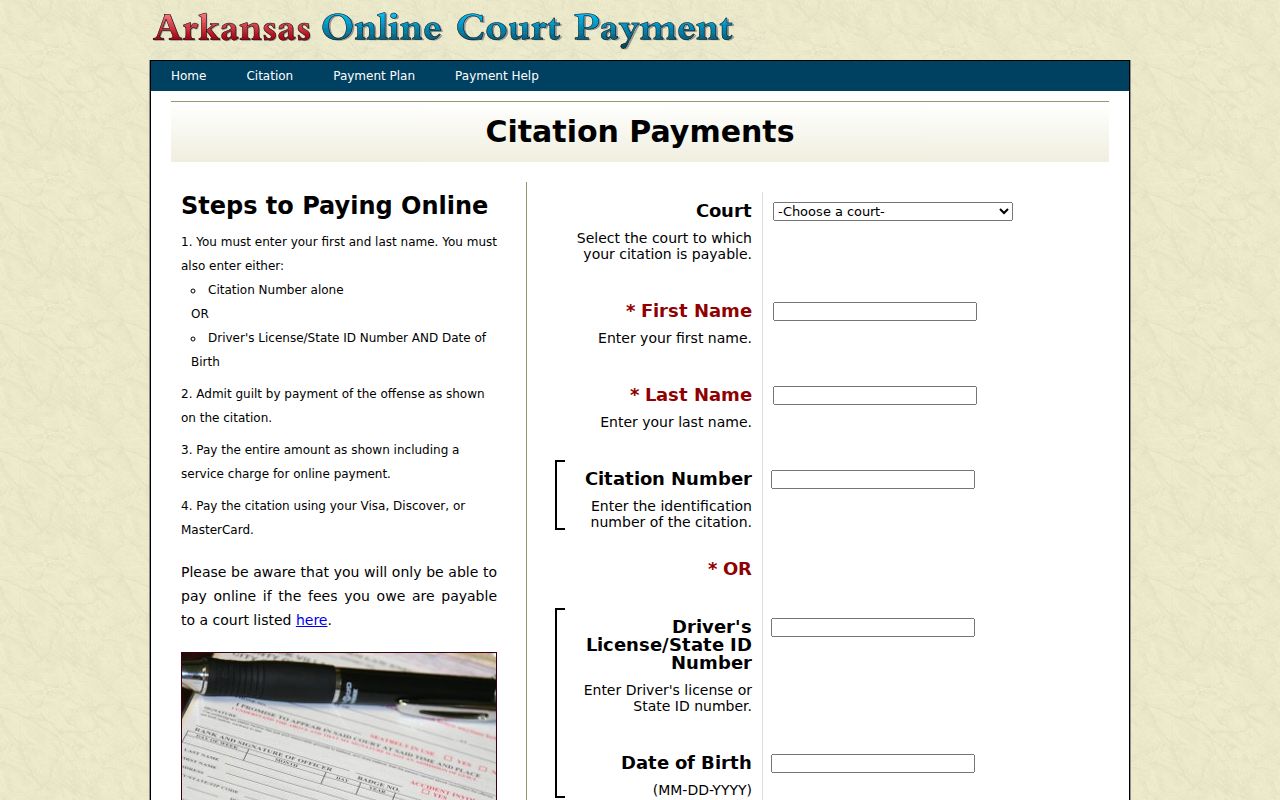 Howard County traffic warrant citation payment fields